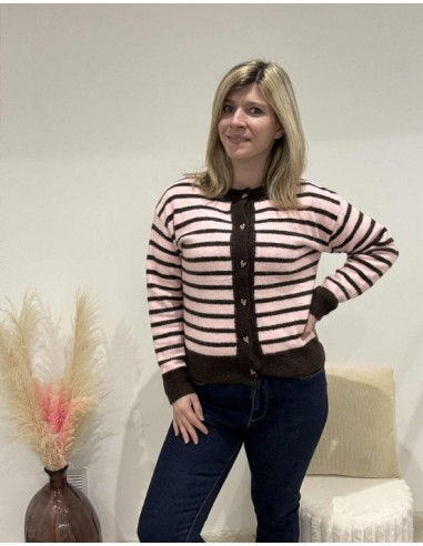 Gilet femme tendance rayure rose/chocolat