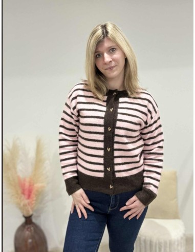 Gilet femme tendance rayure rose/chocolat
