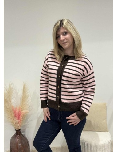 Gilet femme tendance rayure rose/chocolat