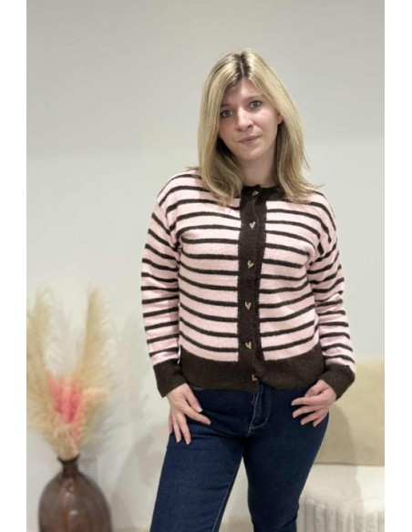 Gilet femme tendance rayure rose/chocolat