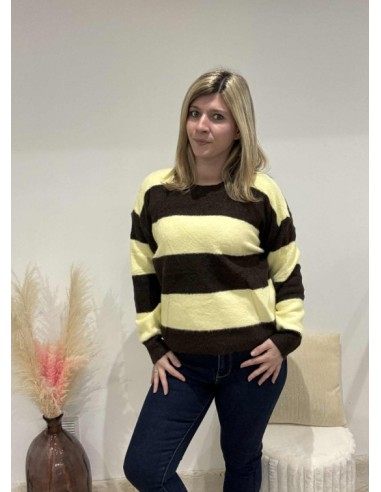 Pull femme tendance rayure jaune et chocolat fashion