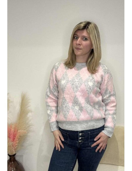 Pull losange tendance rose/gris