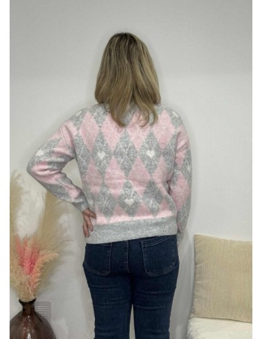 Pull losange tendance rose/gris