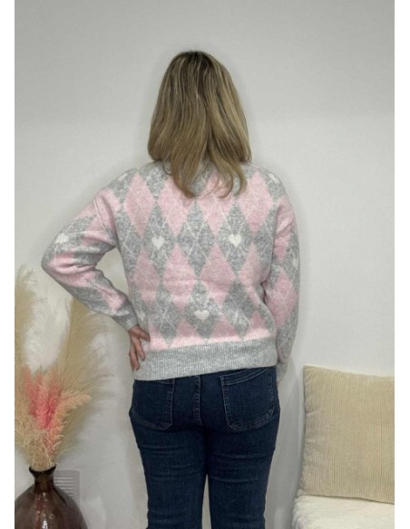 Pull losange tendance rose/gris