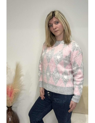 Pull losange tendance rose/gris