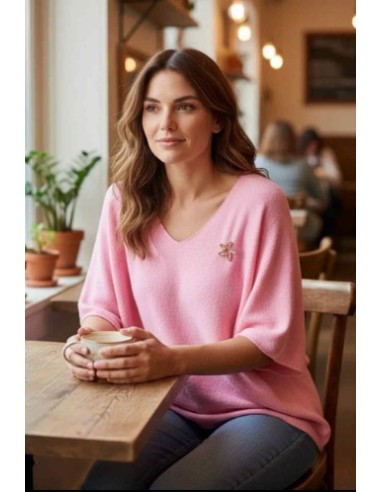 Pull femme manche 3/4 broche etoile oversize