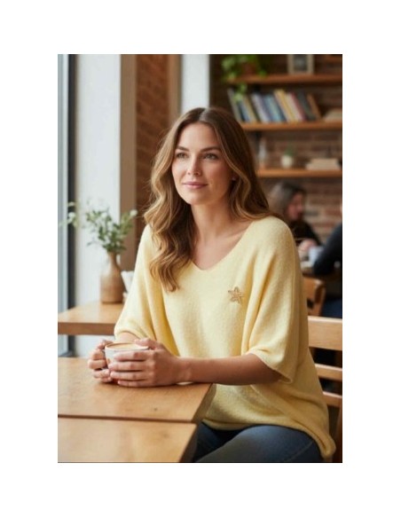 Pull femme manche 3/4 broche etoile oversize