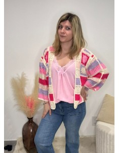 Gilet à crochet femme ouvert rose