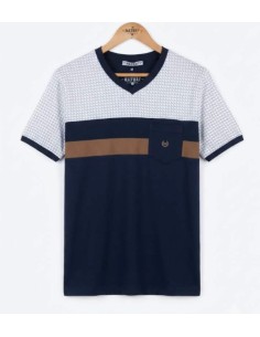t-shirt homme col V marine et camel avec motif