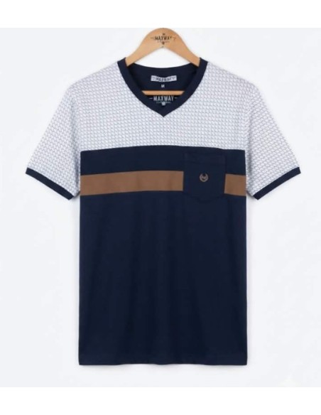 t-shirt homme col V marine et camel avec motif