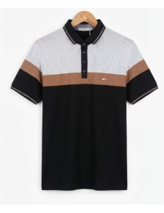 Polo homme manche courte Camel et Noir avec motif à point noirs