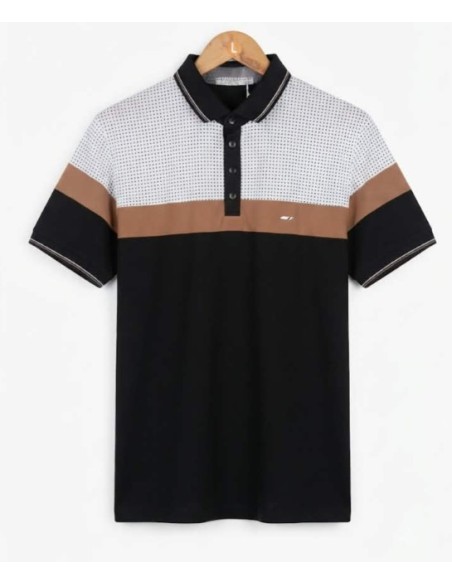 Polo homme manche courte Camel et Noir avec motif à point noirs