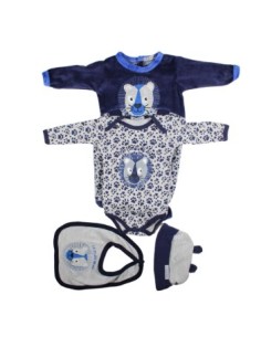 Ensemble bébé garçon 4 pièces  body, bavoir,pyjama,bonnet bleu et gris