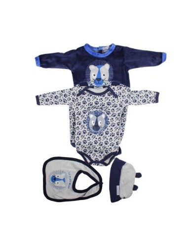 Ensemble bébé garçon 4 pièces  body, bavoir,pyjama,bonnet bleu et gris