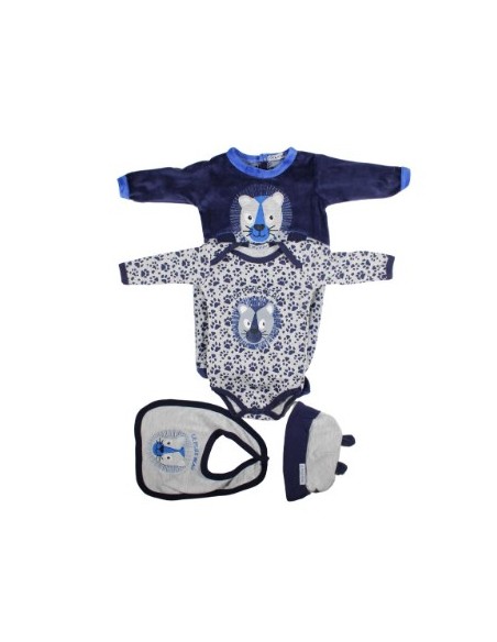 Ensemble bébé garçon 4 pièces  body, bavoir,pyjama,bonnet bleu et gris