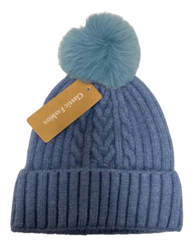 Bonnet femme avec pompon bleu