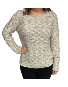 Pull femme blanc brillant avec effet déchiré sur les manches et le dos