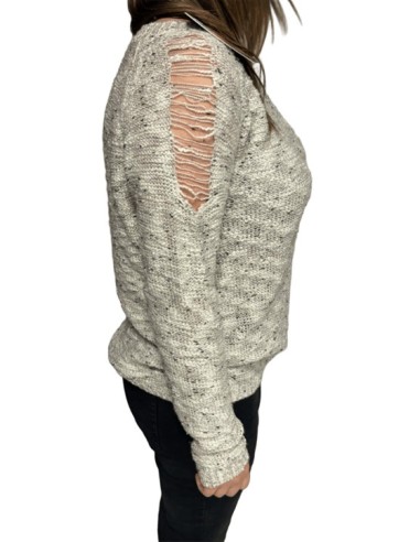 Pull femme blanc brillant avec effet déchiré sur les manches et le dos