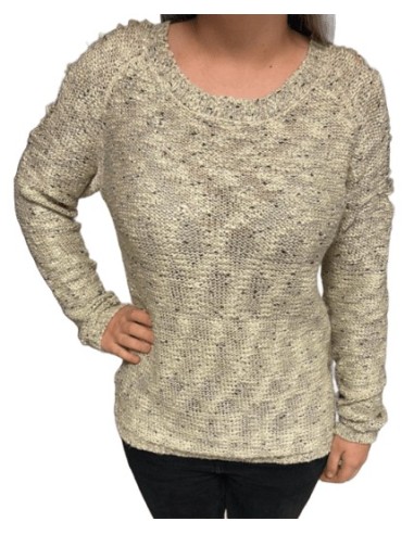 Pull femme écru brillant avec effet déchiré sur les manches et le dos