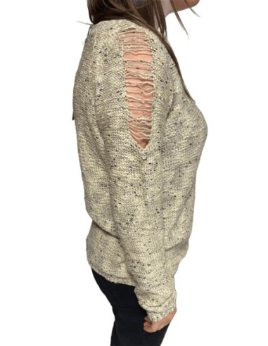 Pull femme écru brillant avec effet déchiré sur les manches et le dos