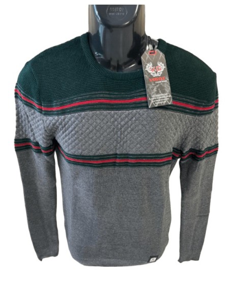 Pull homme gris et vert avec motifs texturés