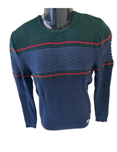Pull homme bleu et vert avec motifs texturés