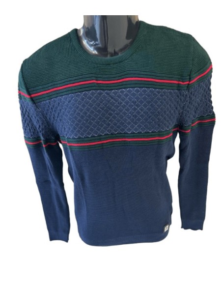 Pull homme bleu et vert avec motifs texturés