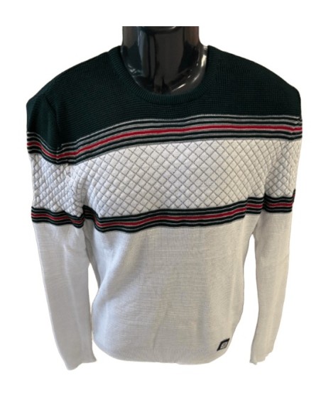Pull homme blanc et vert avec motifs texturés