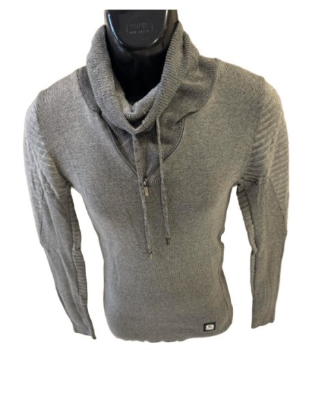 Pull homme gris chiné à col montant avec zip et cordons