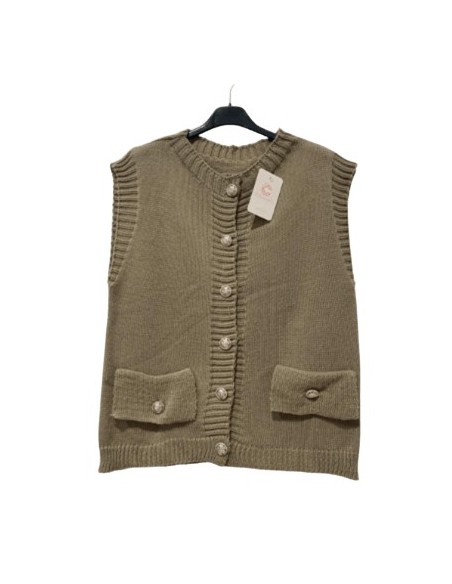 Gilet sans manches femme taupe avec boutons dorés