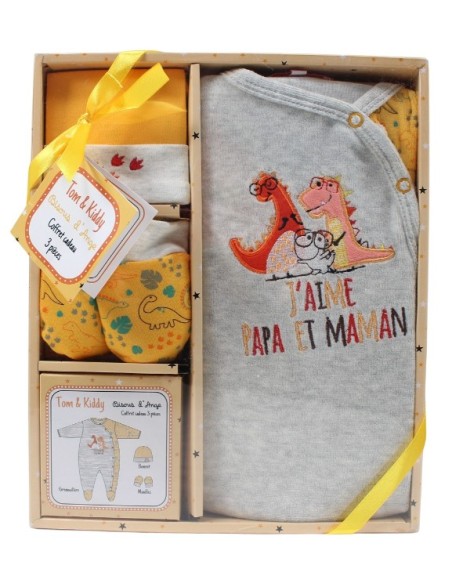 Coffret Naissance Dinosaures – Jaune et Gris – 3 Pièces Bébé Mixte | C