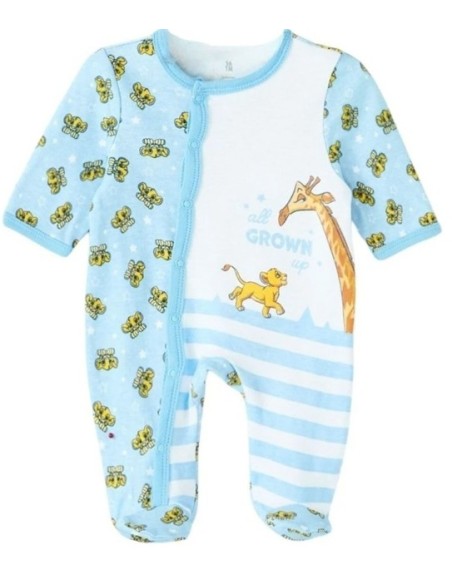 Grenouillère Bébé Roi Lion – Bleu Clair Rayé – 100 % Coton – Motif Sim