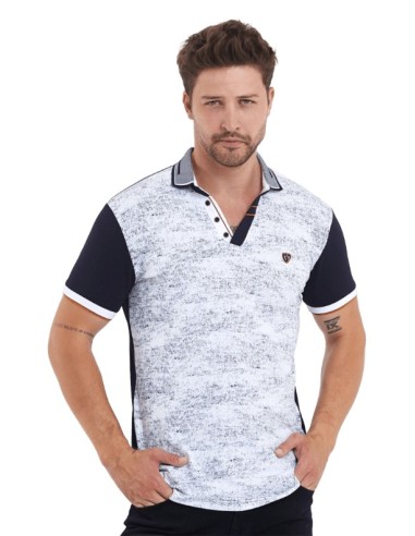 Polo homme blanc effet marbré et manches bleu marine – Style tendance
