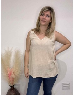 Top femme brodé beige