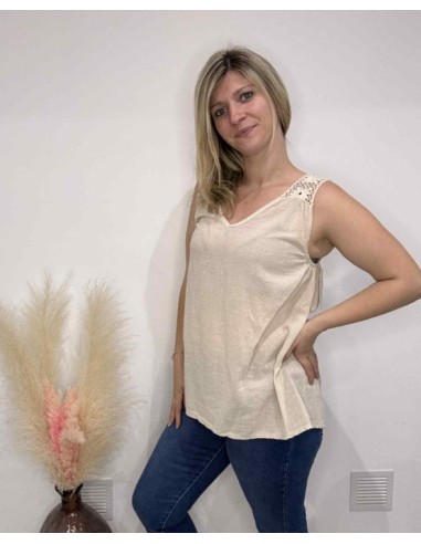 Top femme brodé beige
