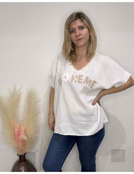 T-shirt Bohème en gaze de coton blanc