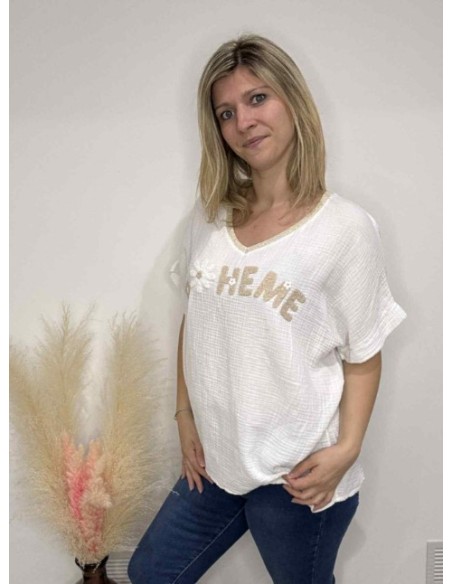 T-shirt Bohème en gaze de coton blanc