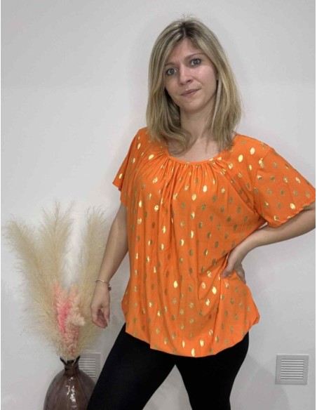 T-shirt orange femme avec dorure