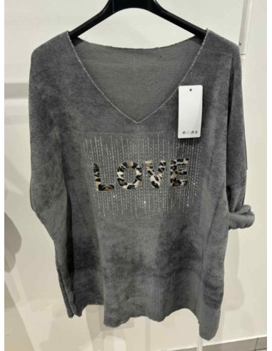 Pull velours love leopard femme