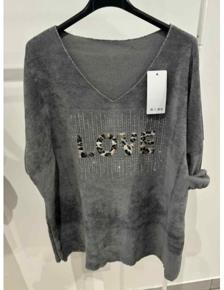 Pull velours love leopard femme